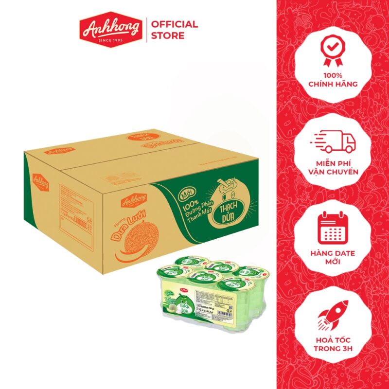 Thạch Dừa Đường Phèn Hương Dưa Lưới Thanh Mát - Thùng 10 lốc x 6 ly 190g - Ánh Hồng