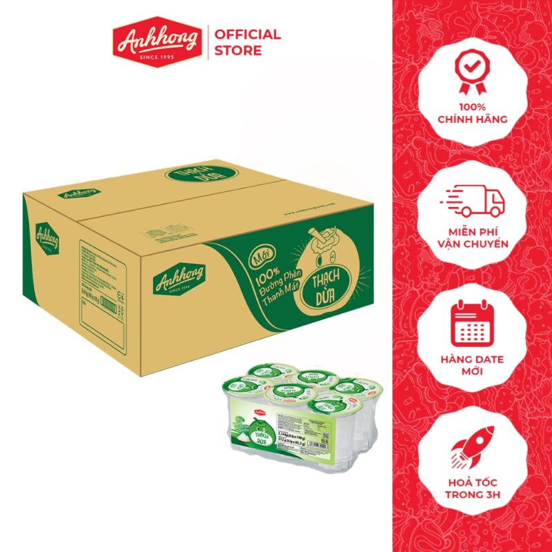 Thạch Dừa Đường Phèn Thanh Mát - Thùng 16 lốc x 6 ly 90g / 10 lốc x 6 ly 190g - Ánh Hồng