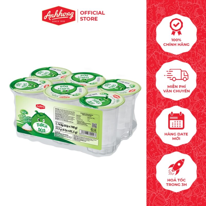 Thạch Dừa Đường Phèn Thanh Mát Tự Nhiên - Lốc 6 ly 90g hoặc 6 ly 190g - Ánh Hồng