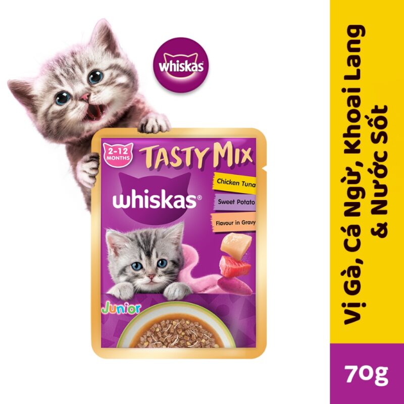 WHISKAS TASTY MIX Thức ăn cho mèo con dạng sốt - gói 70g